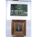 An oil on board, portrait of a gentleman with a moustache, 8” x 6 1/2”, in gilt frame, and two
