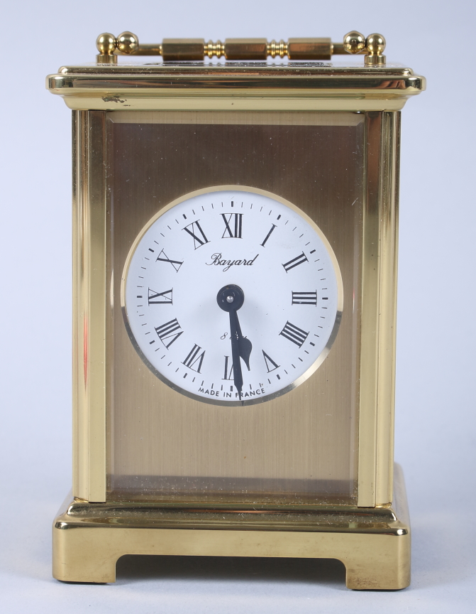 A French gilt metal eight-day carriage clock with seven jewel movement, white enamel dial and - Image 2 of 7