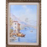 Andrea Vasari: watercolours, two seascapes with houses, boats and figures, 13 1/2" x 10", in gilt