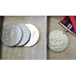 A 1939-45 medal with ribbon and oak leaves and three 1977 Jubilee crowns