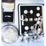 A set of rutilated quartz prayer beads with white metal mounts, a brilliant set compact, two dress