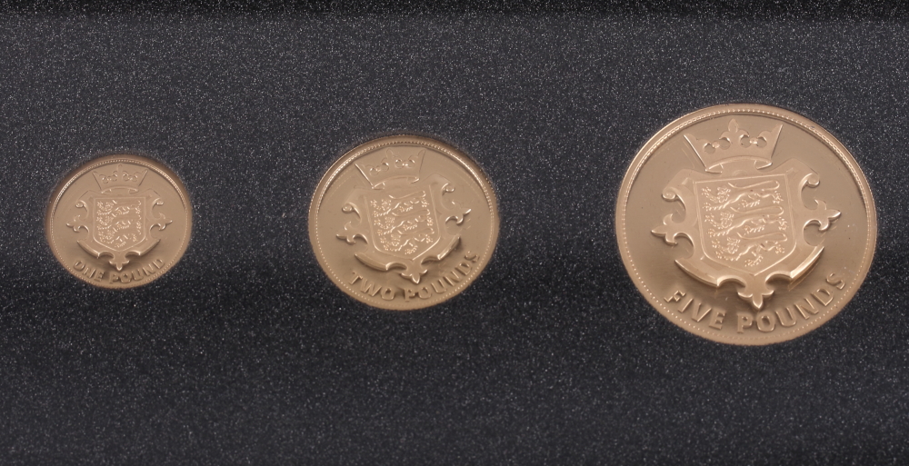 The 2014 Jersey Three-Coin Gold Proof Set, £1, £2 and £5, in fitted case, 63.9g gross - Image 2 of 4