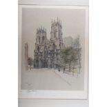 Cecil Aldin: a signed colour print, "York Minster", in oak strip frame, and H E Howarth: a dry point