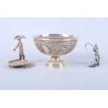 A Victorian silver bowl, a silver figure of a man fishing and a silver trinket dish, 7.9oz troy