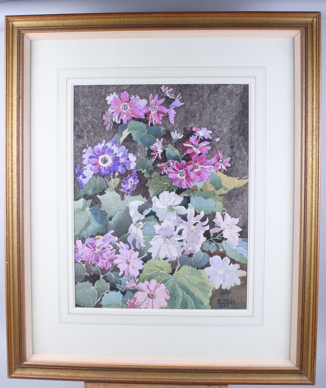 A watercolour still life, flowers, 19" x 15", in gilt frame, and a print of a reclining woman