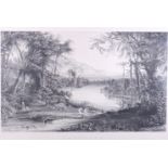 A print, Adam and Eve, "Paradise", a print of Rouen France, two boating prints and another, "Canal