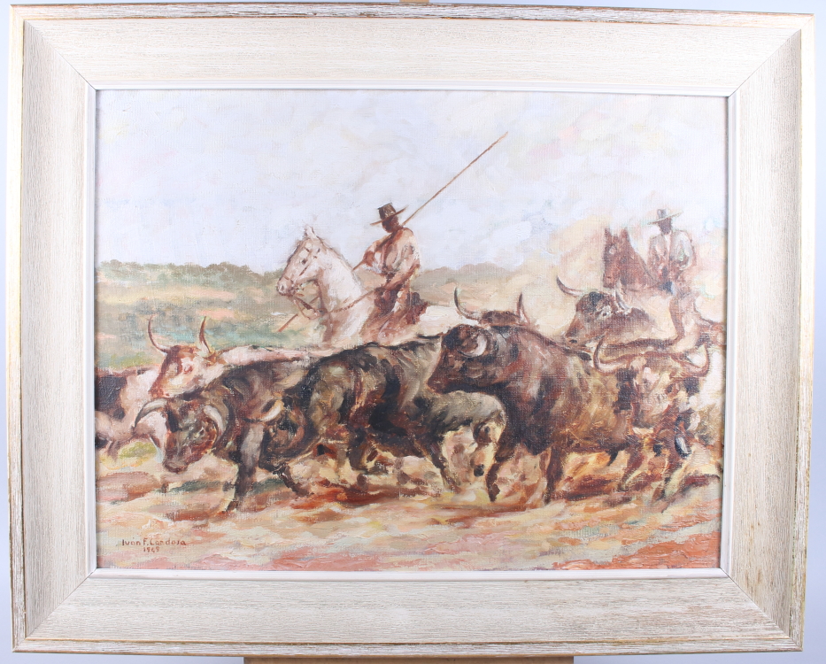 Ivan F Candosa, 1949: oil on canvas, "Herding the Bulls", 17 1/2" x 23 1/2", in grained frame, and a - Image 2 of 5