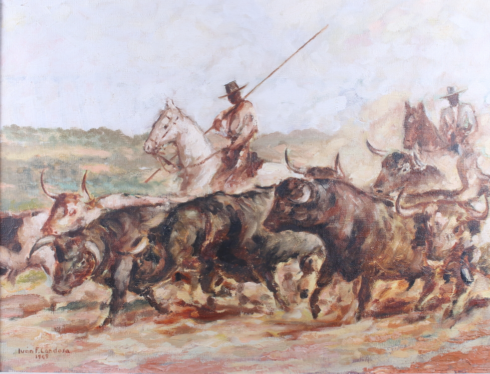 Ivan F Candosa, 1949: oil on canvas, "Herding the Bulls", 17 1/2" x 23 1/2", in grained frame, and a