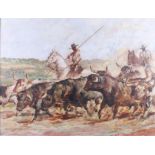 Ivan F Candosa, 1949: oil on canvas, "Herding the Bulls", 17 1/2" x 23 1/2", in grained frame, and a