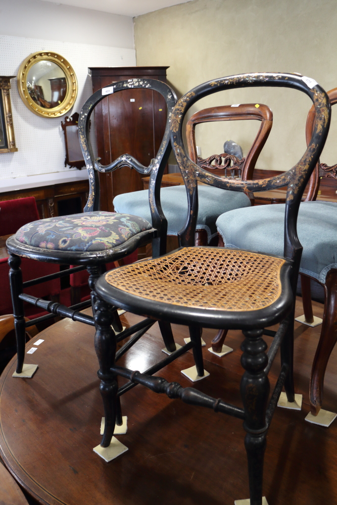 A pair of Victorian Japanned and mother-of-pearl inlaid bedroom chairs and similar papier-mache