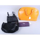 A Radley London purple leather purse, another similar purse and three "fashion" handbags
