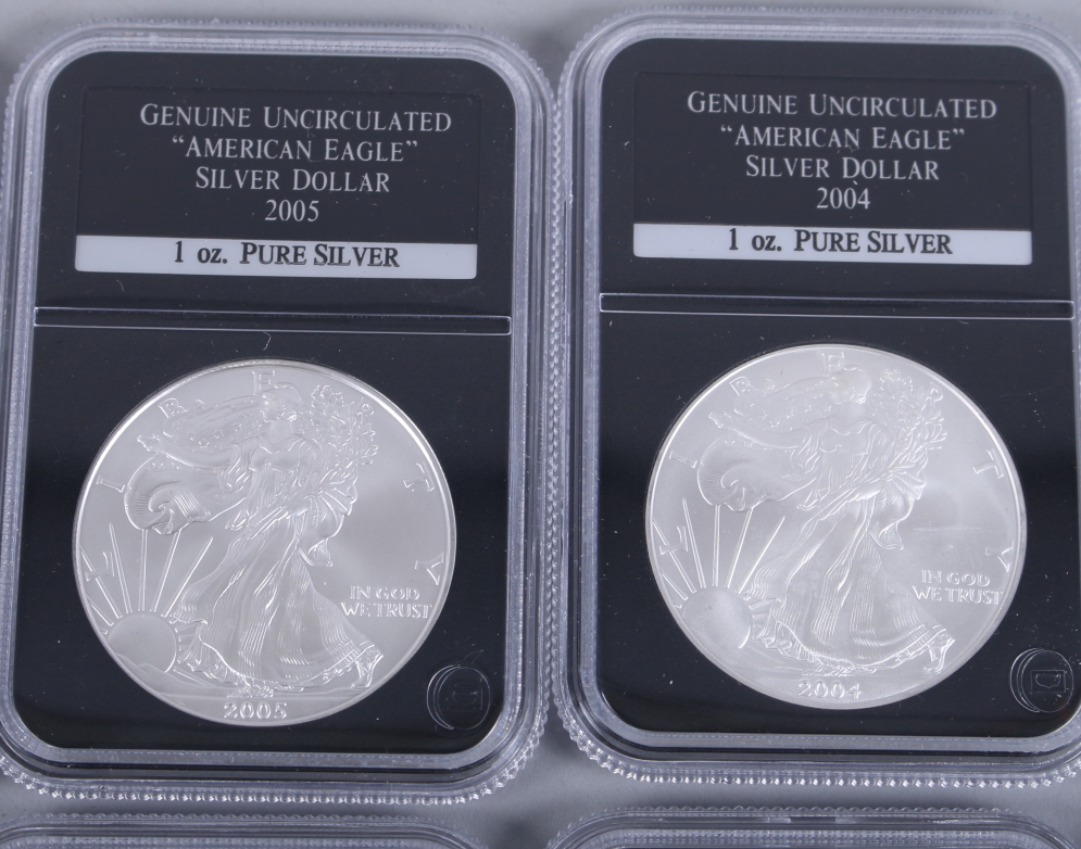 A part set of uncirculated American Eagle 1oz pure silver dollars, in wooden case - Image 14 of 20