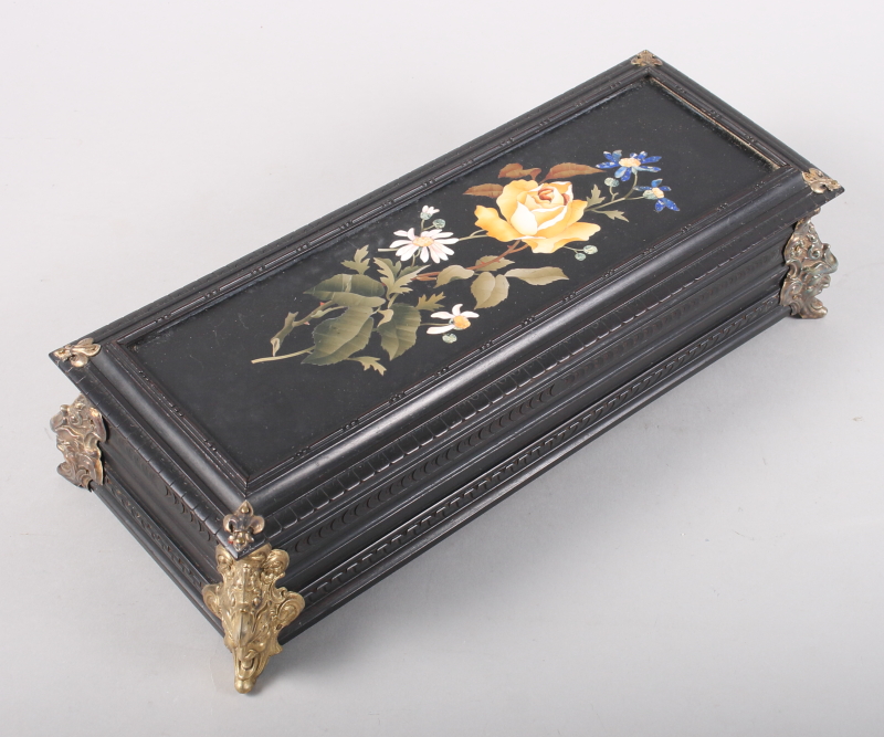 A 19th century ebonised and gilt brass mounted Italian pietra dura glovebox with silk lining, 14" - Image 4 of 5