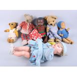 Three much loved teddy bears and a collection of dolls, etc