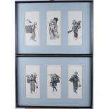 Six prints of Japanese figures, in two black and gilt frames