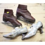 A pair of lady's shoes with jewelled heels, a pair of leather ice skates, a number of pairs of kid