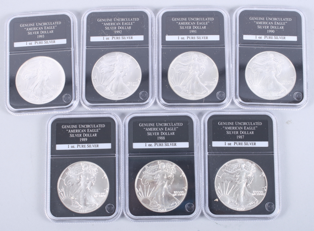 A part set of uncirculated American Eagle 1oz pure silver dollars, in wooden case - Image 7 of 20