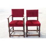 A Harlequin set of ten dining chairs of restoration design, upholstered in a red velour, on turned