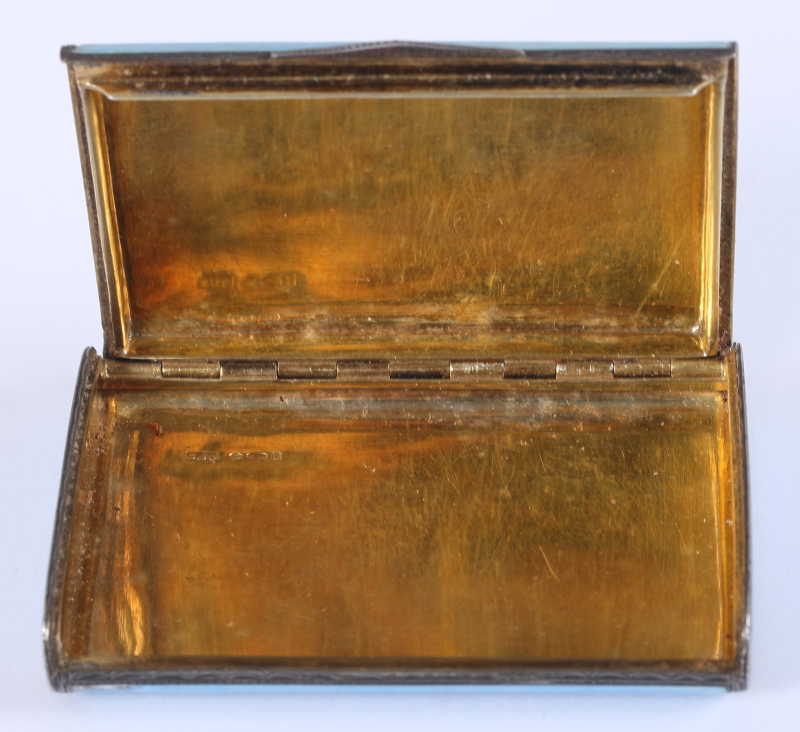 An early 20th century silver gilt and oyster blue guilloche enamel card case, 3" long (damages to - Image 3 of 4