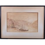 Bingen: watercolours, boats in a river with figures, 8" x 13", in black strip frame, an oil on