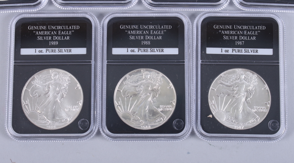 A part set of uncirculated American Eagle 1oz pure silver dollars, in wooden case - Image 10 of 20