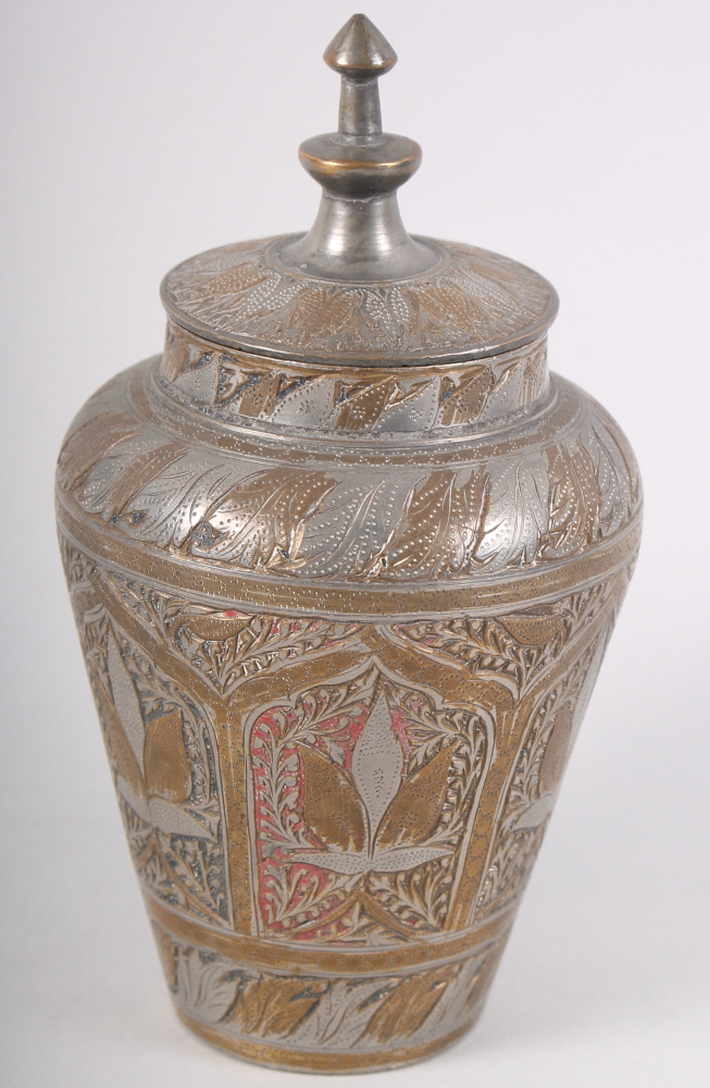 An Indian champleve enamelled hexagonal brass jar and cover, 5" high, and a plated brass engraved - Image 5 of 8