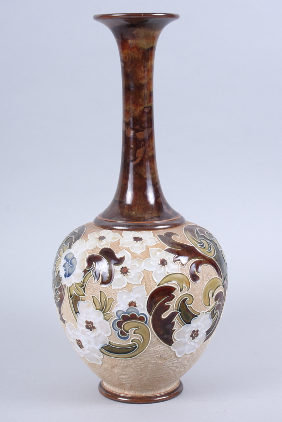 A Doulton Lambeth Slater's Patent vase with floral decoration, 16" high, together with a Doulton