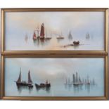 A pair of oils on board, boats/ships at sea, unsigned, 7 1/2" x 19 1/4", in gilt frames