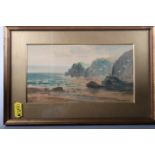 F J Reynolds: watercolours, rocky coastal scene, 3 7/8" x 7 1/4", in gilt frame