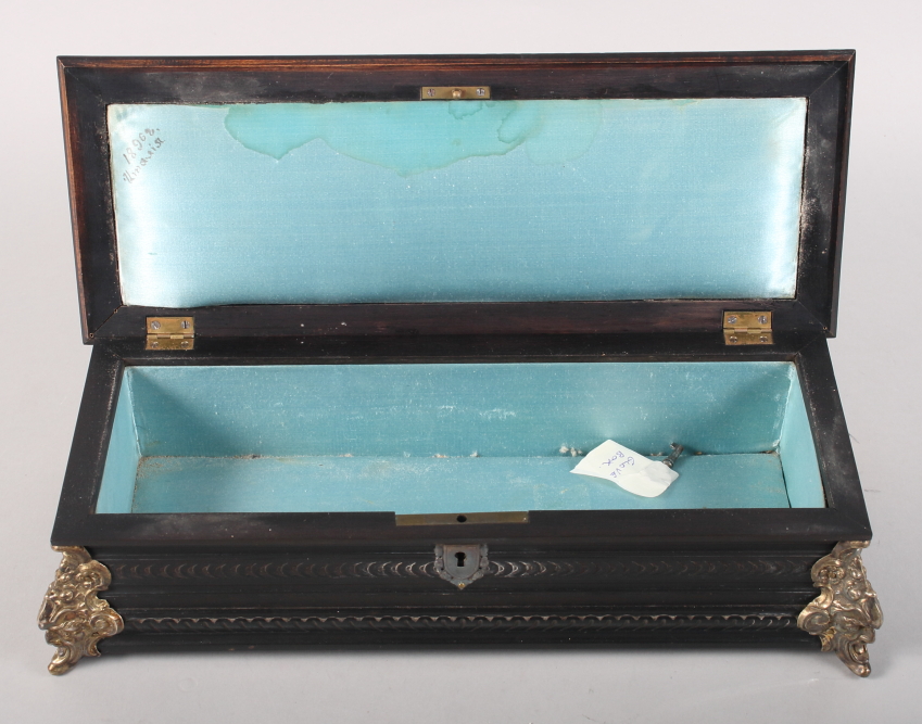 A 19th century ebonised and gilt brass mounted Italian pietra dura glovebox with silk lining, 14" - Image 5 of 5