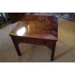 A figured mahogany lamp table, fitted one drawer, on chamfered supports, 23" square, and a