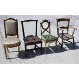 Two carved giltwood chairs (in need of restoration), an oak carver chair and an oak splat back chair