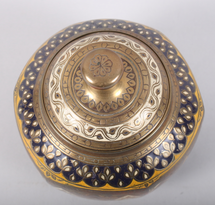 An Indian champleve enamelled hexagonal brass jar and cover, 5" high, and a plated brass engraved - Image 2 of 8