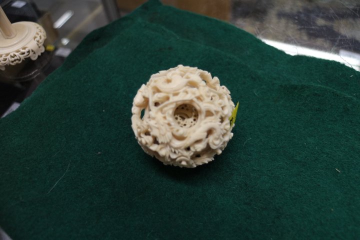A Chinese carved ivory nesting ball with dragon design, on ivory stand formed as Lao Tzu, ball 2 1/ - Image 2 of 5