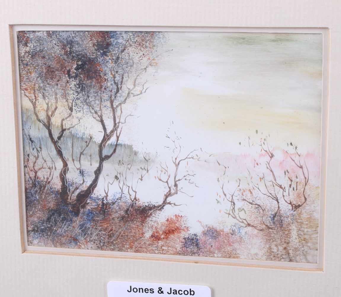 Bodycolours on paper, watercolour landscape, 3" x 4 1/4", in gilt frame, a colour print, fishing - Image 2 of 4