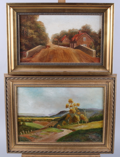 Hugh Church: oil on board, Prittlehall Village, 7" x 12", and an oil on board landscape, road with