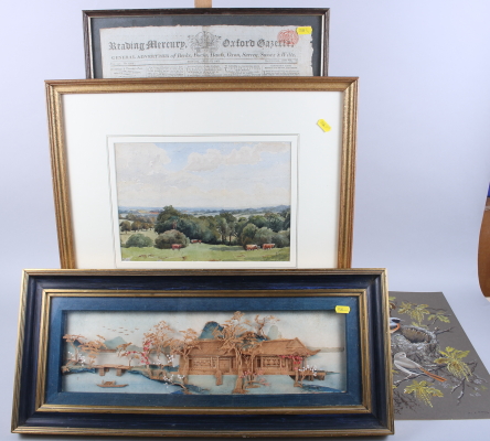 A watercolour landscape, trees and cattle, indistinctly signed, 8 1/2" x 12", in gilt frame, a