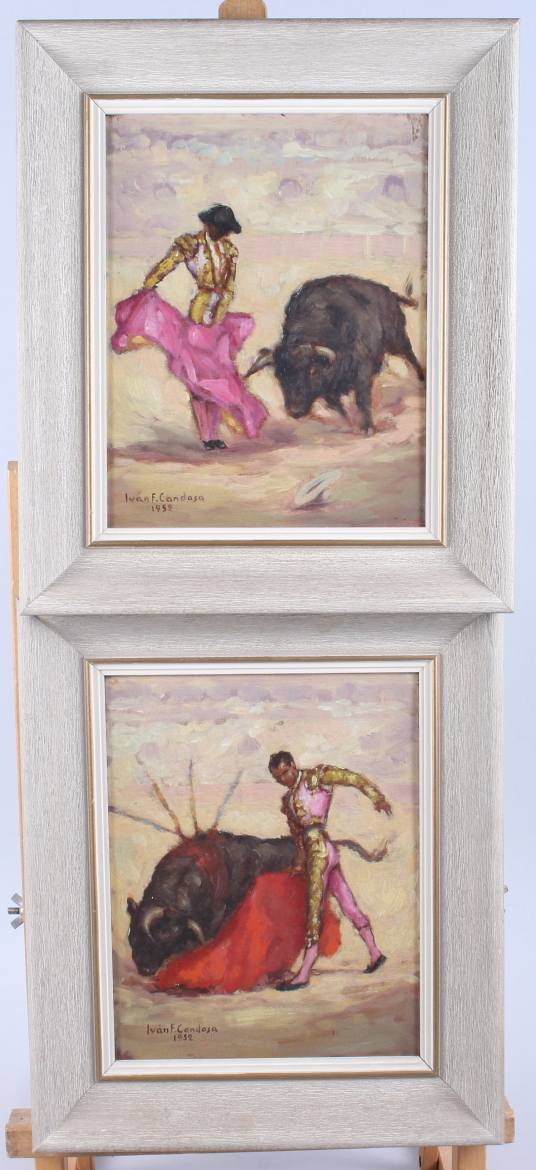 Ivan F Candosa, 1949: oil on canvas, "Herding the Bulls", 17 1/2" x 23 1/2", in grained frame, and a - Image 3 of 5