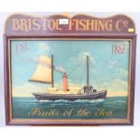 A painted wood advertising panel, "Bristol Fishing Co", 19 1/2" x 22"