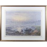 W Wilde: watercolours, taking in the lobster pots at sunset, 13 1/2" x 19", in gilt frame