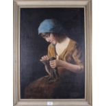 A 20th century oil on canvas, girl sewing, 27" x 19", in strip frame, and an oil on board, still