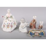 Two Royal Crown Derby Imari cats, tallest 5 1/2" high, a Royal Doulton figure, "Diana" HN2468,
