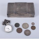 A silver cedar lined cigarette box, a white metal Westclox Pocket Ben pocket watch, a silver