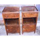 A pair of 1930s figured walnut tray top bedside cabinets, fitted drawer over recess and cupboard,