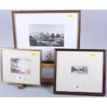 Bodycolours on paper, watercolour landscape, 3" x 4 1/4", in gilt frame, a colour print, fishing