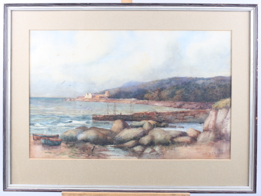 R C Riseley: A seascape, watercolour, signed and dated 1919, 12” x 19 1/2", in strip frame