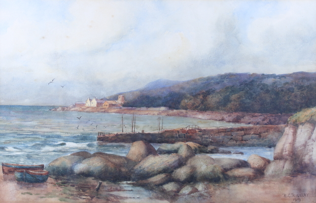 R C Riseley: A seascape, watercolour, signed and dated 1919, 12” x 19 1/2", in strip frame - Image 2 of 4