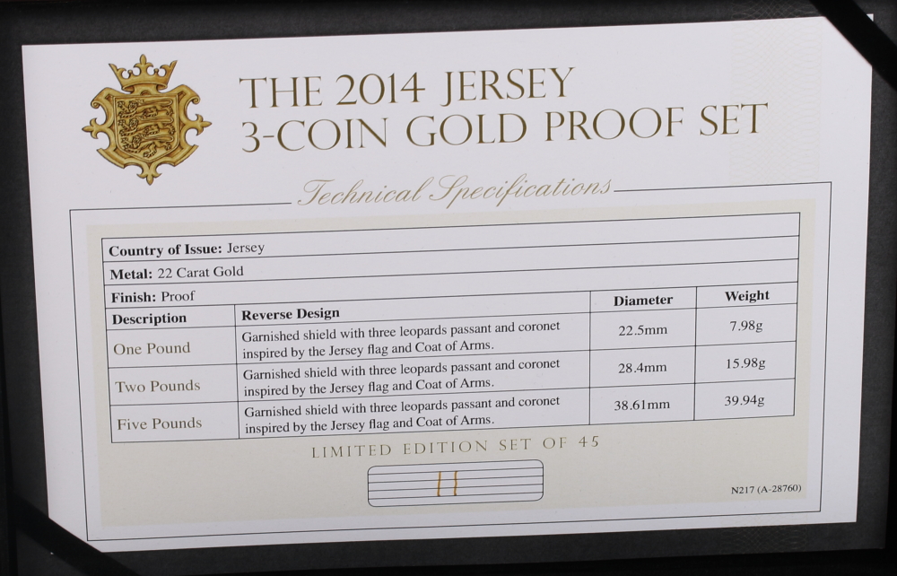 The 2014 Jersey Three-Coin Gold Proof Set, £1, £2 and £5, in fitted case, 63.9g gross - Image 4 of 4