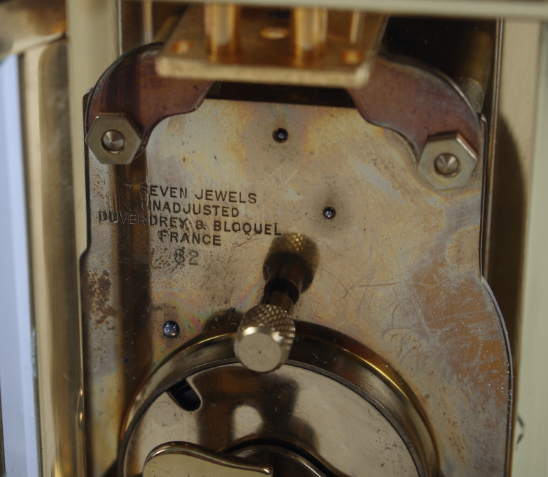 A French gilt metal eight-day carriage clock with seven jewel movement, white enamel dial and - Image 7 of 7