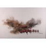 Vanlon: oil on canvas, redcoats advancing through smoke, 21" x 30", in gilt decorated frame